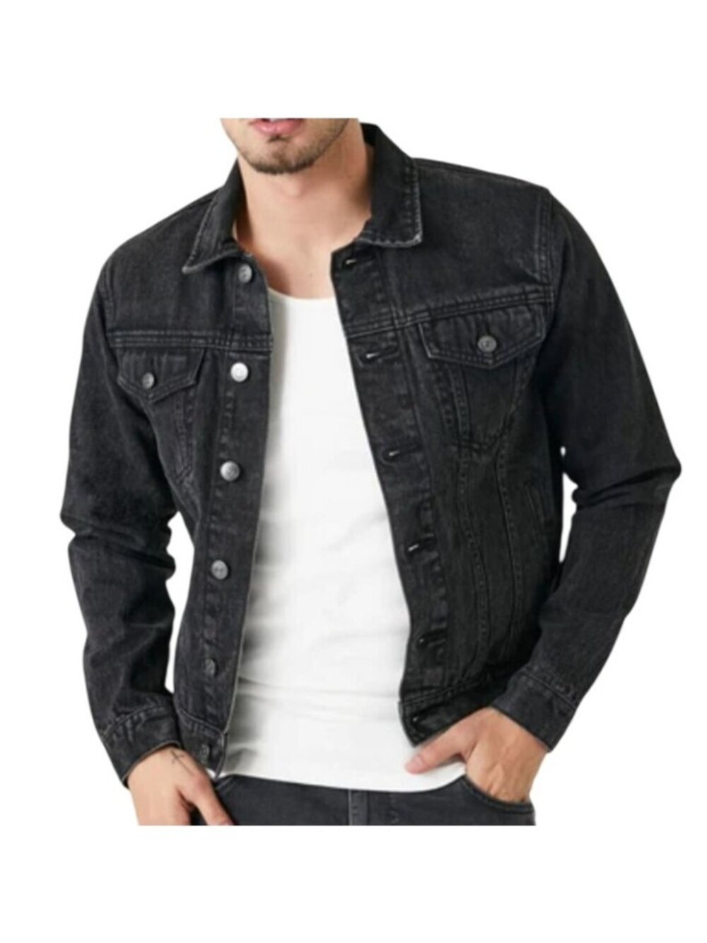 Forever 21 Men Classic Denim Trucker Jacket Black Size Small Casual Blokecore